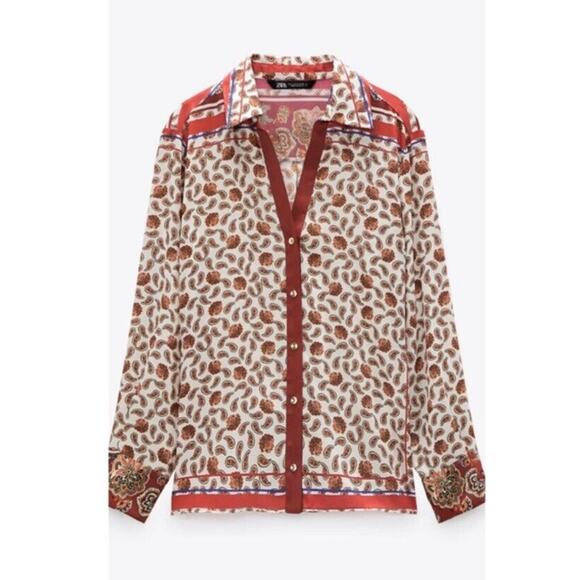 Zara Top Women's XS Paisley Satin Blouse Long Sleeve Collared Button Up - Picture 5 of 7